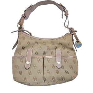 Dooney Bourke Lucy Canvas Leather Monogram Logo Shoulder Bag Purse Brown Tan